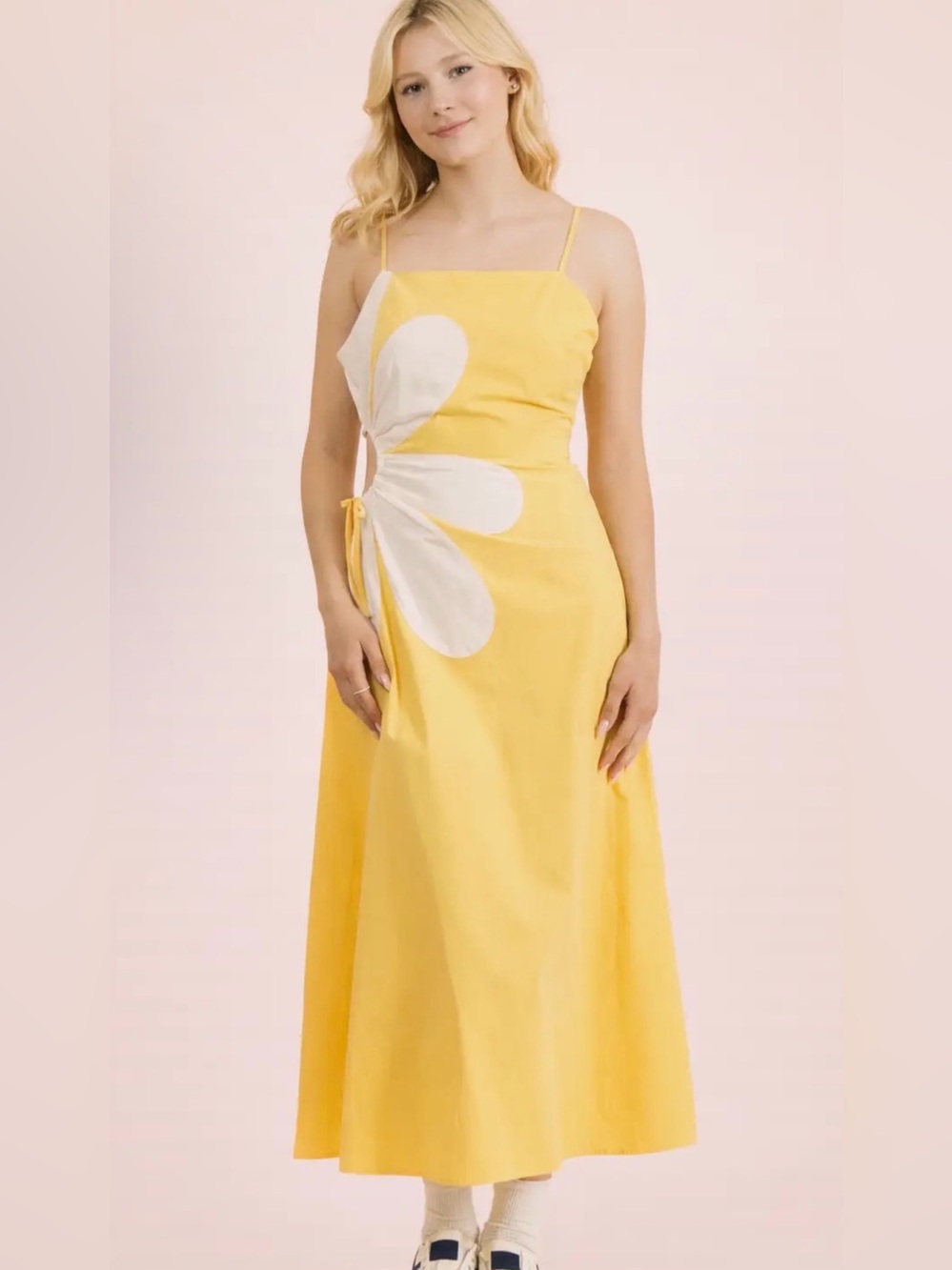 Very J, Yellow Floral Side Cutout Midi Dress. Sm med large
